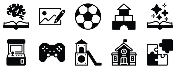 Kids Activities Icon Set Solid Style Collection representing play learning and creative engagement suitable for educational apps children programs and family entertainment platforms