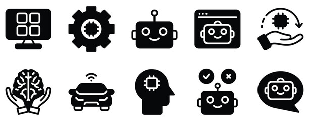 Artificial Intelligence Icon Set Solid Style Collection representing machine learning automation and smart technology suitable for AI platforms tech solutions and educational resources