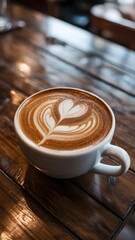 Delicious latte art in a white mug on a wooden table