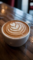 Delicious latte art in a white mug on a wooden table