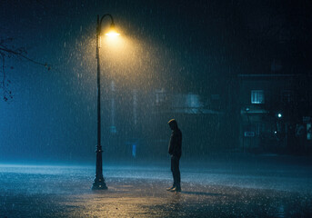 Dramatic Contrast of Glowing Lamp and Dark Empty Street Surrounding Isolated Silhouette