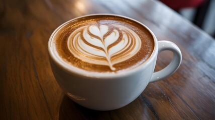 Delicious latte art in a white mug on a wooden table