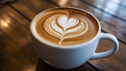 Delicious latte art in a white mug on a wooden table