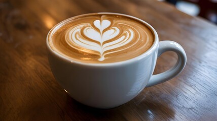 Delicious latte art in a white mug on a wooden table