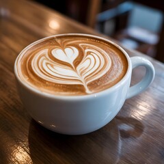 Delicious latte art in a white mug on a wooden table