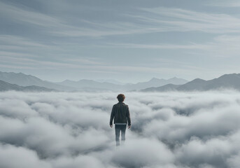 Lone Figure Walking into Dense Mist Toward Faint Distant Mountains in Minimal Grayscale
