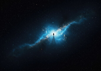Isolated Figure Surrounded by Glowing Cosmic Clouds in Infinite Dark Space