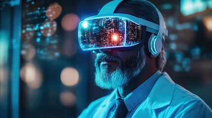 Futuristic Mature Doctor Experiencing Immersive Technology Using Virtual Reality Headset