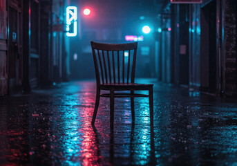 Photorealistic Empty Wooden Chair in Rain-Soaked Alley with Neon Reflections and Cold Blue Tones