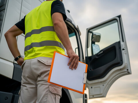 A logistics worker checks delivery documents while standing near a truck, wearing a reflective vest for safety in the field.