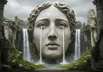 Surreal Human Sculpture Weeping Waterfalls Amid Moss-Covered Stone and Cloudy Sky