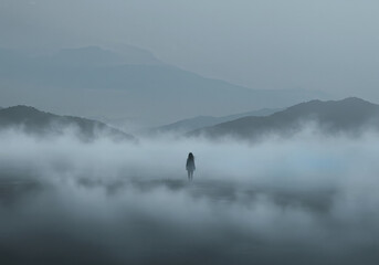 Surreal Minimal Landscape with Solitary Traveler in Fog and Subtle Blue Highlights
