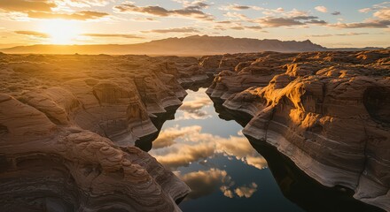A scenic canyon with water reflecting the sky and mountains in the distance at sunset with golden light