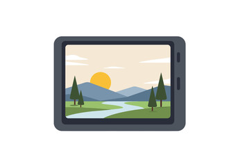 Fototapeta premium A tablet displays a landscape with a river trees mountains and a sun in a stylized flat vector illustration