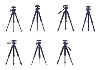 Array of seven dark tripods various adjustments arranged in two rows on a blank white background