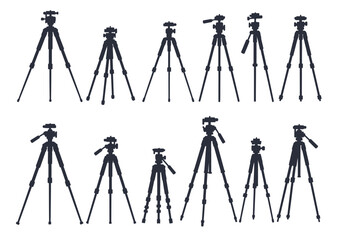 Array of silhouetted tripods arranged in two rows against a white backdrop showing various sizes and configurations