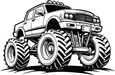 Black and white illustration of a powerful monster truck with oversized tires and lifted suspension