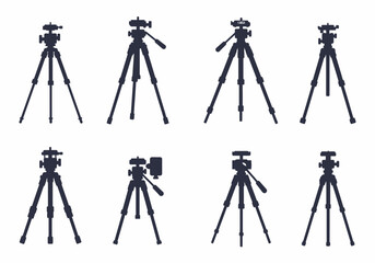Eight silhouettes of tripods stand on a white background each with slightly different head and leg configurations