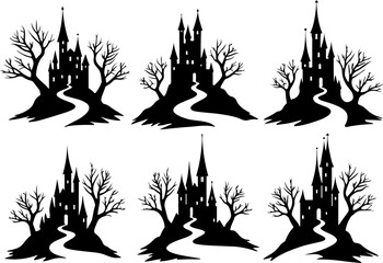 Haunted Castle Silhouettes with Twisted Trees and Winding Paths"