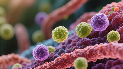 Microscopic View of Viral Particles and Cellular Structures