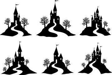 Haunted Castle Silhouettes with Twisted Trees and Winding Paths"