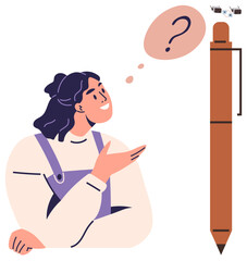 Fototapeta premium Woman in casual attire gesturing in curiosity, speech bubble with question mark, large pen alongside. Ideal for education, creativity, problem-solving, curiosity, learning, innovation simple landing