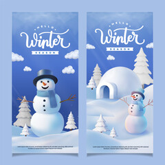 Set Vertical Winter Holiday Scene Featuring Snowman, Igloo, and Snowy Background