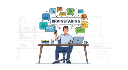 Fototapeta premium A man brainstorming at his desk, surrounded by creative ideas and digital tools.