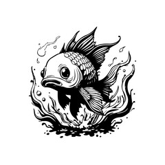 Whimsical black and white goldfish illustration surrounded by flowing water artistic composition graphic artwork detailed