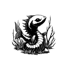 Whimsical sea serpent illustration in black and white cartoon style evoking childhood fairytale fantasies and nautical themes