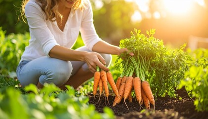 Woman harvesting fresh carrots in a sunny garden, hands full of produce.