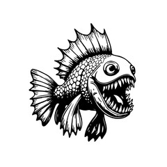 Hand drawn sketch of a scary piranha with sharp teeth illustration creating a menacing feel in black and white