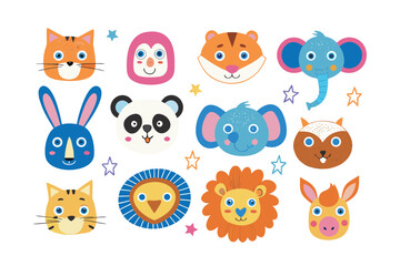 Cute Animal Face Illustrations: A vibrant and playful array of illustrated animal faces, featuring charming characters, designed to evoke feelings of joy and delight.