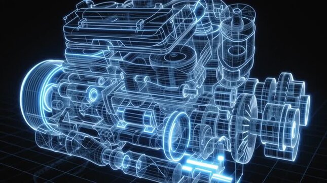 Car engine blueprint animation with rotating parts and glowing mechanical elements