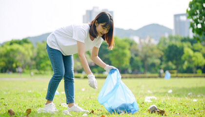 公園のゴミを拾う若い日本人女性　generative ai