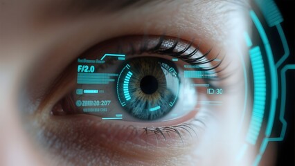 Close-up of a human eye with futuristic digital interface overlay