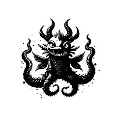 Monochromatic whimsical monster illustration featuring horns tentacles and wings creating captivating artwork for fantasy enthusiasts and design projects