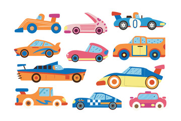 Fototapeta premium Car Array Illustration: A vibrant cartoon array of various cars, each with distinct design, illustrating themes of transport and automotive creativity