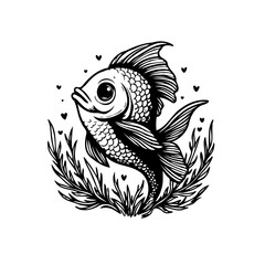 Enchanting monochrome fish illustration with heart accents a charming aquatic design perfect for various creative endeavors and projects