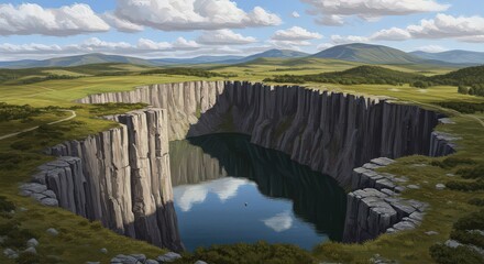 Aerial view of a river flowing through a canyon with rock formations and distant mountain ranges