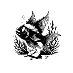 Monochrome drawing of a fantastical fish with wing-like fins swimming among aquatic plants and rocks, creating an enchanting underwater scene