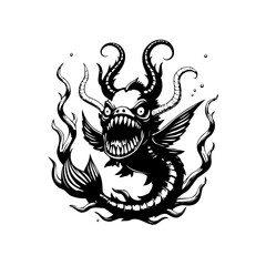 An intricate black and white drawing of a sea monster with devilish features displays ferocity and darkness