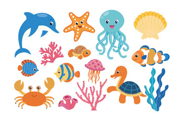 Underwater World of Wonders: A vibrant underwater scene teeming with diverse marine life, including a playful dolphin, starfish, jellyfish, and various fish, coral, and sea creatures.