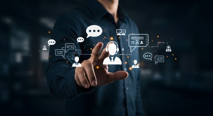 Man interacts with digital customer service network, managing communications and support requests.