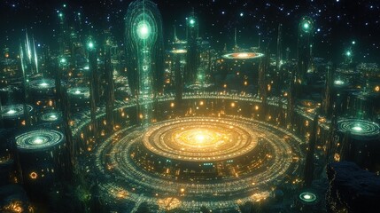 Futuristic Distant Alien City Nightscape with Glowing Towers and Energy Rings