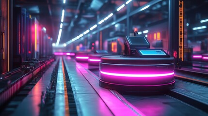 Futuristic Automated Guided Vehicle in a Neon Lit Factory Environment