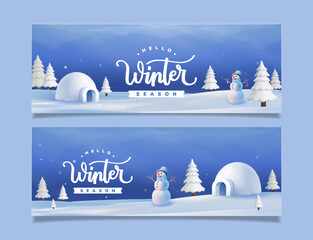 Set Banner Snowy Winter Landscape with Igloo, Snowman, and Pine Trees Holiday Scene