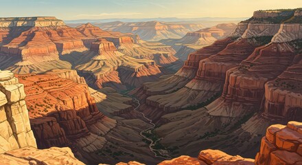 Panoramic view of a grand canyon landscape with layered rock formations and a winding river below