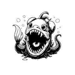 Intricate inked drawing featuring a monstrous fish with exaggerated features, portraying an aquatic world fantasy creature