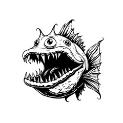 Intricate black and white illustration showcasing a bizarre fish with exaggerated features and sharp teeth illustration for fantasy